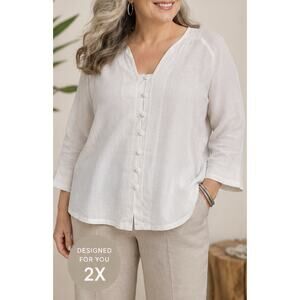 Toto n Ko 100% Linen Tunic Top White Asian Button Front Lagenlook Womens Size 2x